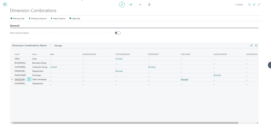 Screenshot of the Dimension Combinations
page.