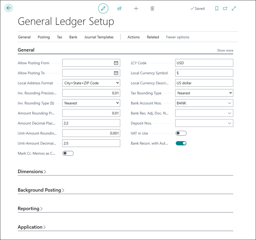 Screenshot of the General tab on the General Ledger Setup
page.