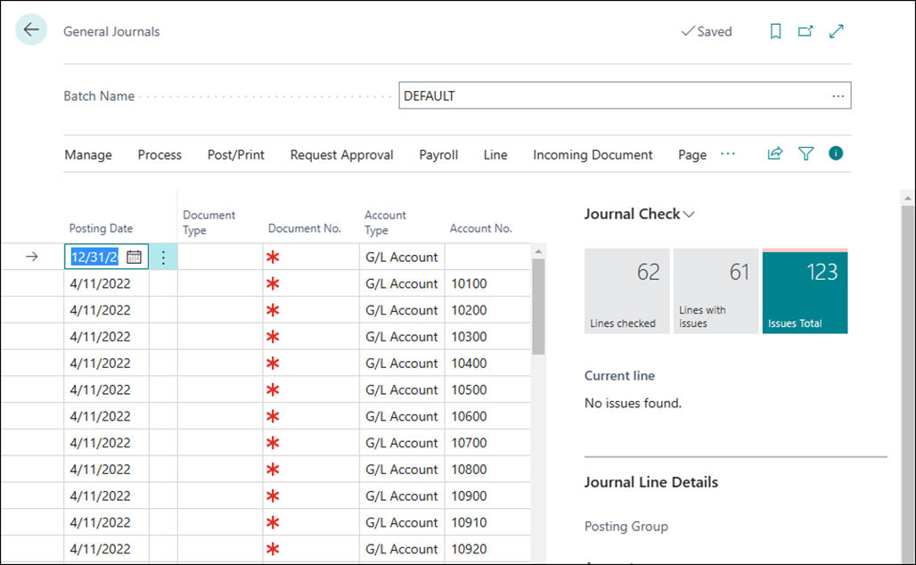 Screenshot of the General Journals page showing the Enable Data Check
feature.