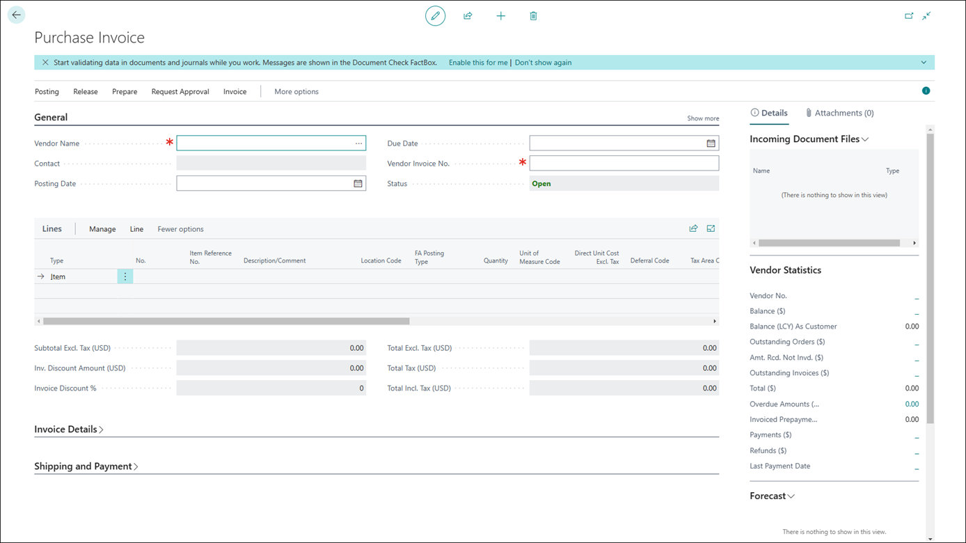 Screenshot of the Purchase Invoice page showing the
notification.