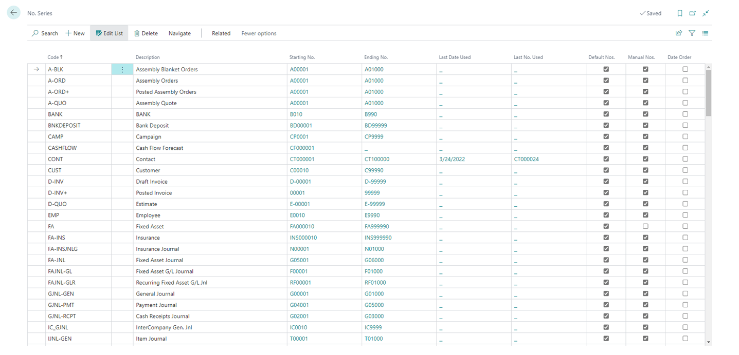 Screenshot of the Number Series page in Business
Central.