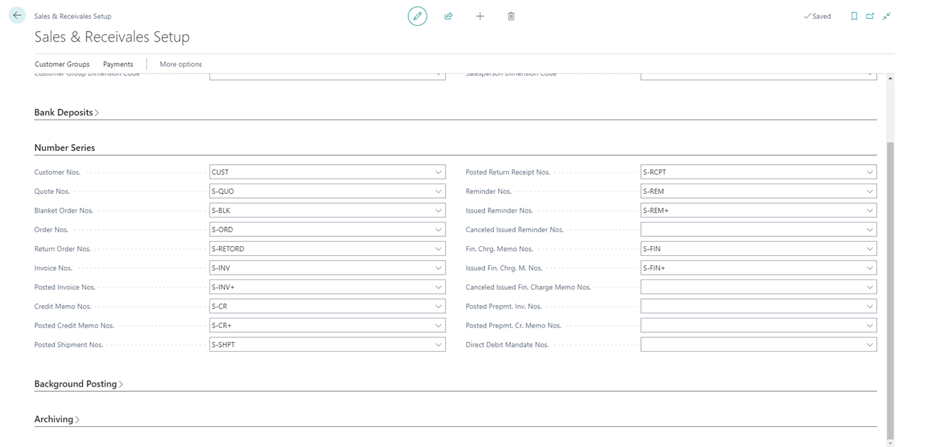 Screenshot of the Sales and Receivables Setup page showing the number
series related fields.